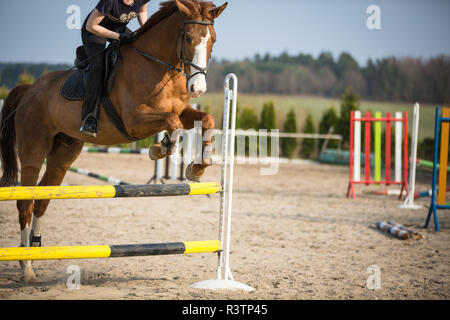 Junge Frau springen mit Pferd Stockfoto