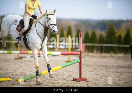 Junge Frau springen mit Pferd Stockfoto