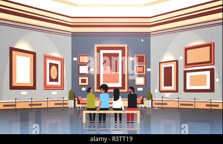 Leute, Touristen, Besucher in der modernen Kunst Galerie Museum Innenraum sitzt auf der Bank, die zeitgenössische Gemälde Kunstwerke oder Ausstellungen horizontal Stock Vektor