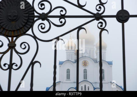 Konserven Russland, Kamtschatka, Petropavlovsk Kamchatsky (Peter und Paul). Trinity russisch-orthodoxen Kirche, nebligen Blick durch dekorative Eisengitter. Stockfoto