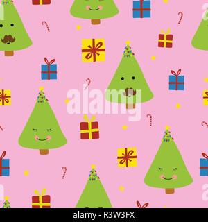 Cute Weihnachtsbäume mit Gesicht. Spaß Weihnachten nahtlose Vektor patternfor Kinder auf einem rosa Hintergrund. Lustige Weihnachten Muster. Kinder Geschenkverpackung. Perf Stock Vektor