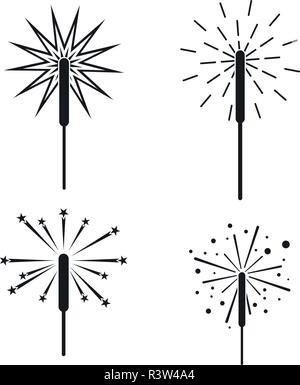 Wunderkerzen Feuerwerk Lagerfeuer Symbole gesetzt. Einfache Abbildung von 4 Wunderkerzen Feuerwerk Lagerfeuer Vector Icons für Web Stock Vektor