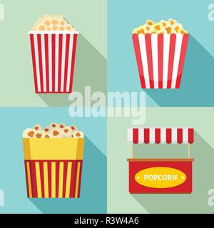 Popcorn Cinema Box gestreifte Symbole gesetzt. Flache Abbildung: 4 popcorn Cinema Box gestreifte Vector Icons für Web Stock Vektor