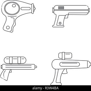 Squirt gun Wasserpistole Spiel Symbole gesetzt. Überblick Abbildung 4 Squirt gun Wasserpistole Spiel Vector Icons für Web Stock Vektor