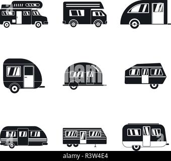 Reisemobil PKW-Anhänger Lager Haus Symbole gesetzt. Einfache Abbildung: 9 Reisemobil PKW-Anhänger Lager Haus Vector Icons für Web Stock Vektor