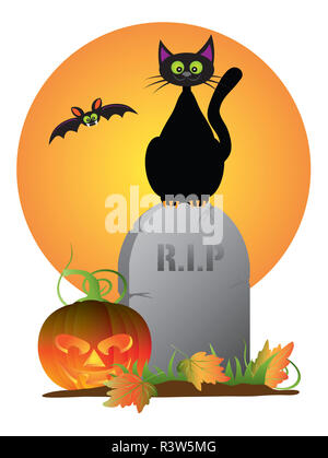 Halloween black cat Sitzen auf Tombstone Abbildung Stockfoto