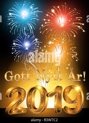 Schwedische Grußkarte für das Jahr 2019 Neues Jahr Feier gestaltet. Text Übersetzung: Frohes Neues Jahr! Stockfoto