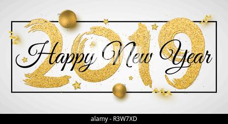 Banner für ein glückliches Neues Jahr 2019. Die Zahl der goldenen glänzt mit schwarzem Text in Rahmen. Pinsel in grunge Stil. Weihnachten goldene Kugeln, Sterne, Konfetti ein Stock Vektor