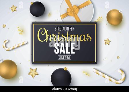 Weihnachten Verkauf. Goldenen und schwarzen Kugeln. Geschenkbox mit Klebeband. Konfetti mit Serpentine. Goldene Sterne und Lutscher. Web Werbung Banner. Vektor illus Stock Vektor