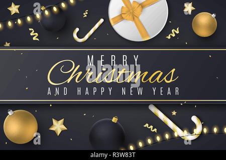 Weihnachten Grußkarte. Goldenen und schwarzen Kugeln. Geschenkbox mit Klebeband. Konfetti mit Serpentine. Goldene Sterne und Lutscher. Zerstreut, Schmuck und Spielzeug. Stock Vektor
