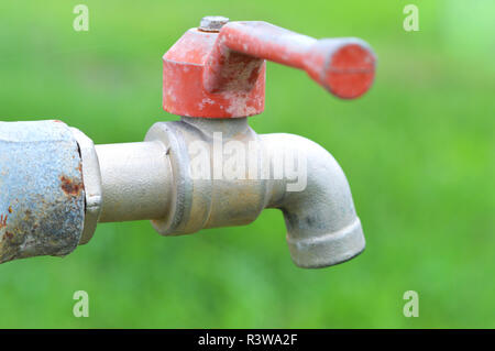 Wasserhahn Garten/alte Wasserventil im Garten mit grünem Gras Hintergrund Stockfoto