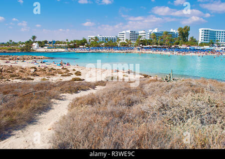 Bild von Nissi Beach in Agia Napa, Zypern. Viele grüne Palmen, Kapelle, orange Büsche, Touristen. Mehrere weiße Wolken im Himmel im Hintergrund. Stockfoto