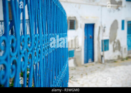 Im Alter von blauen Türen und Fenster im andalusischen Stil von Sidi Bou Said in Tunesien Stockfoto
