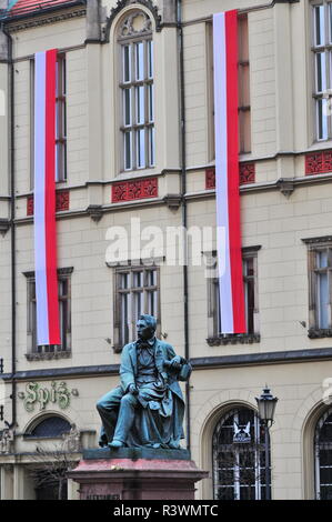 Statue des Schriftstellers Aleksander Fredro Platz Rynek, Wroclaw, Polen Stockfoto