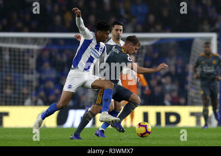 Brighton & Hove Albion Bernardo (links) und Leicester City Marc Albrighton Kampf um den Ball während der Premier League Match an der Amex Stadion, Brighton. Stockfoto