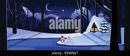 Winter verschneite Nacht Landschaft Szene mit kleinen Haus in Wald und niedliche Schneemänner im Mondschein. Vector Illustration, Banner, Poster, Weihnachten, Stock Vektor