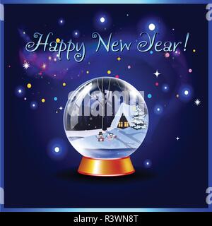 Frohes neues Jahr Grußkarte von Snow Crystal Globe mit ruhigen Winternacht verschneite Landschaft Szene und niedliches kleines Haus im Wald und zwei cheerf Stock Vektor