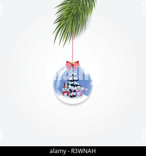 Christmas tree branch mit Weihnachten und Neujahr Ball mit Schneemänner und roten Bogen auf weißem Hintergrund eingerichtet. Vector Illustration, Clip Art, Symbol Stock Vektor