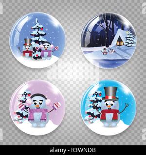 Weihnachten, Neujahr runden Glas Crystall Ball Globus mit cute cartoon Schneemann, winter Haus auf transparentem Hintergrund isoliert. Vector Icons, Zeichen Stock Vektor