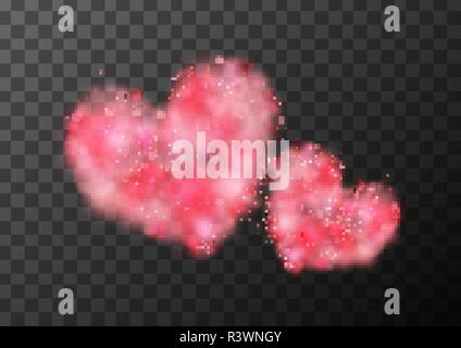 Zwei helle niedliche Herzen aus Rosa und Rot bokeh Lichter und Magic funkelt auf transparentem Hintergrund Stock Vektor