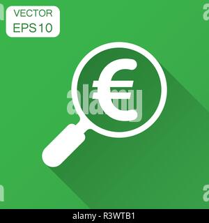 Vergrößern Glas mit Euro zeichen Symbol im flachen Stil. Lupe, Geld Vector Illustration mit langen Schatten. Suche Rechnung Business Konzept. Stock Vektor