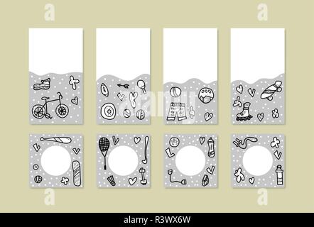 Satz von sozialen Medien Vorlagen von Vector sport Symbole in doodle Stil. Fitness vektor Konzept. Hintergrund für Geschichten und Beiträge mit Kur Stock Vektor