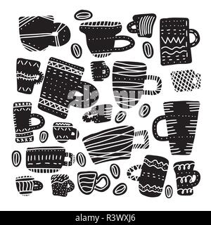 Satz von schwarzen Kaffee Tassen mit Dekoration. Quadratische Komposition für Poster. Vector Illustration. Stock Vektor