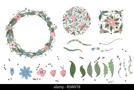 Wilde Blumen Elemente auf weißem Hintergrund. Kranz, runde Abzeichen, quadratische Komposition und andere florale Objekte in doodle Stil. Vektor ilu Stock Vektor