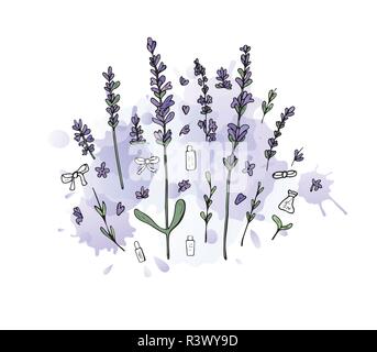 Lavendel set Komposition in doodle Stil. Blumen Elemente mit Aquarell splash auf weißem Hintergrund. Vector Illustration. Stock Vektor