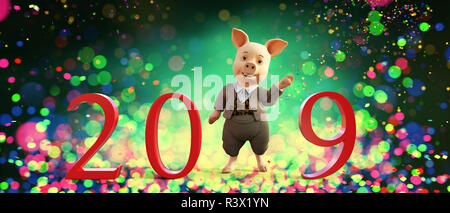 Happy cartoon Schwein mit 2019 Briefe für ein glückliches neues Jahr, im Jahr 2019 ist das Jahr des Schweins, 3D-Darstellung Stockfoto