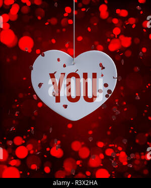 Abstraktes Herz auf Rot dekorierten verschwommen Lichter Hintergrund für Valentine, 3D-Rendering Stockfoto