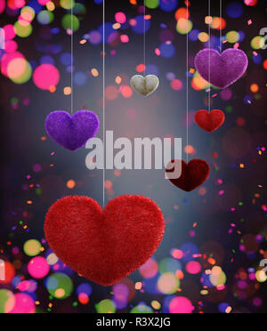 Abstrakte farbenfrohe haarigen Herzen mit bunten bokeh Licht für Valentine, 3D-Rendering eingerichtet Stockfoto