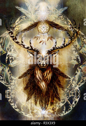Heilige Zierpflanzen Rotwild Geist mit Dream Catcher Symbol und Federn. Stockfoto
