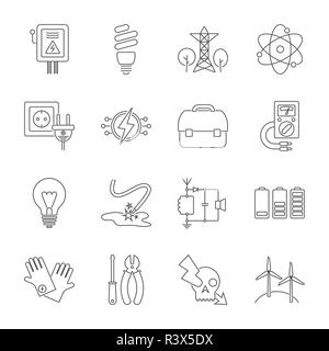Reihe von Icons in der modernen thin line Stil. Hohe Qualität, schwarzer Outline strom Symbole für Web site Design, mobile Apps. Einfache Energie Piktogramme auf einem weißen Hintergrund. Editierbare Schlaganfall. Stock Vektor