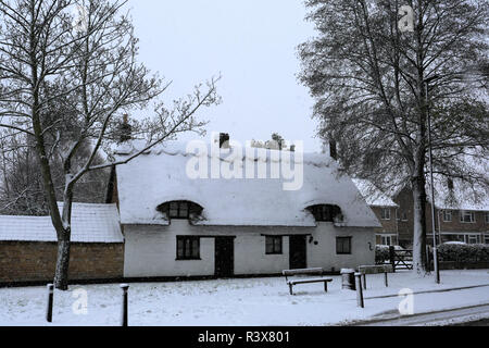 Schnee auf dem Dorf grün, Werrington Dorf, Cambridgeshire, England, Großbritannien Stockfoto