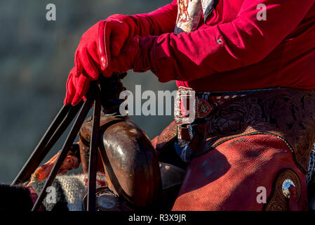 USA, Kalifornien, Clough, V6-Ranch in der Nähe von cowgirl Hände in roten Handschuhe auf dem Knauf des Sattels (MR) Stockfoto