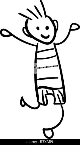 Junge in Shorts und ein T-Shirt springen. Stil der Zeichnung der Kinder. Vector Illustration. Maßbild auf einem weißen Hintergrund. Stock Vektor