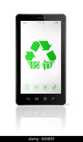 Smartphone mit ein Recycling-Symbol auf dem Bildschirm. ökologisches Konzept Stockfoto