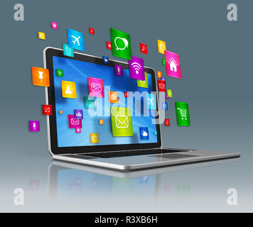 Laptop Computer und fliegenden apps Icons auf einem grauen Hintergrund Stockfoto