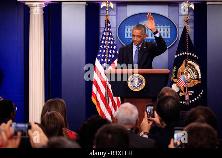 Präsident Barack Obama nimmt Abschied bei seiner letzten Pressekonferenz im Weißen Haus Presse am 18. Januar 2017 Stockfoto