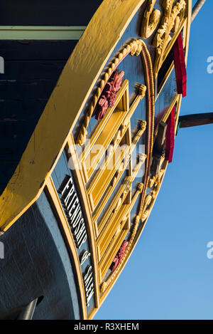 USA, Massachusetts, Cape Ann, Gloucester, Freundschaft von Salem, Tall Ship, Stern anzeigen Stockfoto