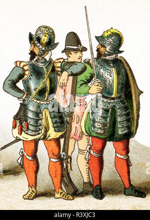 Die Zahlen sind hier vertreten alle Franzosen zwischen 1550 und 1600. Sie sind von links nach rechts: Ein musketier, ein Soldat, ein Offizier. Diese Abbildung stammt aus dem Jahre 1882. Stockfoto