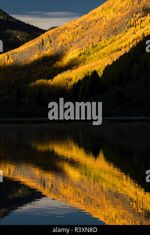 Herbst Aspen Bäume auf Crystal Lake bei Sonnenaufgang, in der Nähe von Ouray, Colorado wider Stockfoto