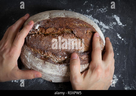 Männliche Hände halten Brotlaib Stockfoto