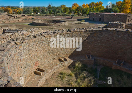 USA, New Mexiko, Aztec Ruins National Monument, West Ruine, drei Kivas und Plaza Stockfoto