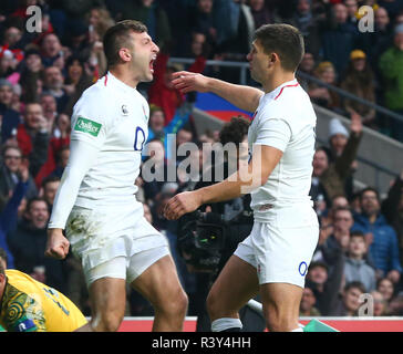 London, UK, 24. November, 2018 Jonny kann von England feiert seinen Versuchen während Quilter Internationale zwischen England und Australien bei Twickenham Stadium, London, England am 24. Nov 2018. Kredit Aktion Foto Sport C Credit: Aktion Foto Sport/Alamy leben Nachrichten Stockfoto