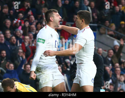 London, UK, 24. November, 2018 Jonny kann von England feiert seinen Versuchen während Quilter Internationale zwischen England und Australien bei Twickenham Stadium, London, England am 24. Nov 2018. Kredit Aktion Foto Sport C Credit: Aktion Foto Sport/Alamy leben Nachrichten Stockfoto