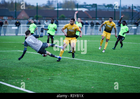 Basford, Nottinghamshire, Großbritannien. 24. November 2018. Basford United vs Curzon Ashton FC in den Emiraten FA Trophy der dritten Qualifikationsrunde in Greenwich Avenue gespielt. Basford gewann das Spiel 2-1 und durch, um in die nächste Runde gehen. Basford Utd (Gelb) Curzon Ashton (Grün). Credit: Ian Francis/Alamy leben Nachrichten Stockfoto