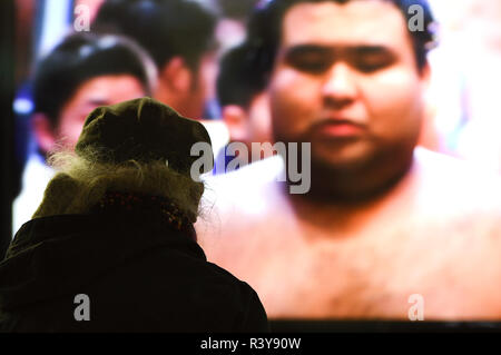 Yurakucho, Tokio, Japan. 24 Nov, 2018. Ein Japaner Uhren a Sumo Ringkampf auf einem TV-Monitor an Yurakucho Tokyo Japan am Freitag, 24. November 2018. Foto: Ramiro Agustin Vargas Tabares Credit: Ramiro Agustin Vargas Tabares/ZUMA Draht/Alamy leben Nachrichten Stockfoto