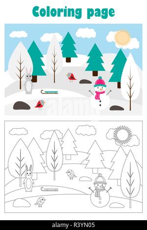 Weihnachten Bild mit verschneiten Wald im Comic-stil, Weihnachten Winter Färbung Seite, Bildung Papier Spiel für die Entwicklung der Kinder, Kinder im Vorschulalter Stock Vektor